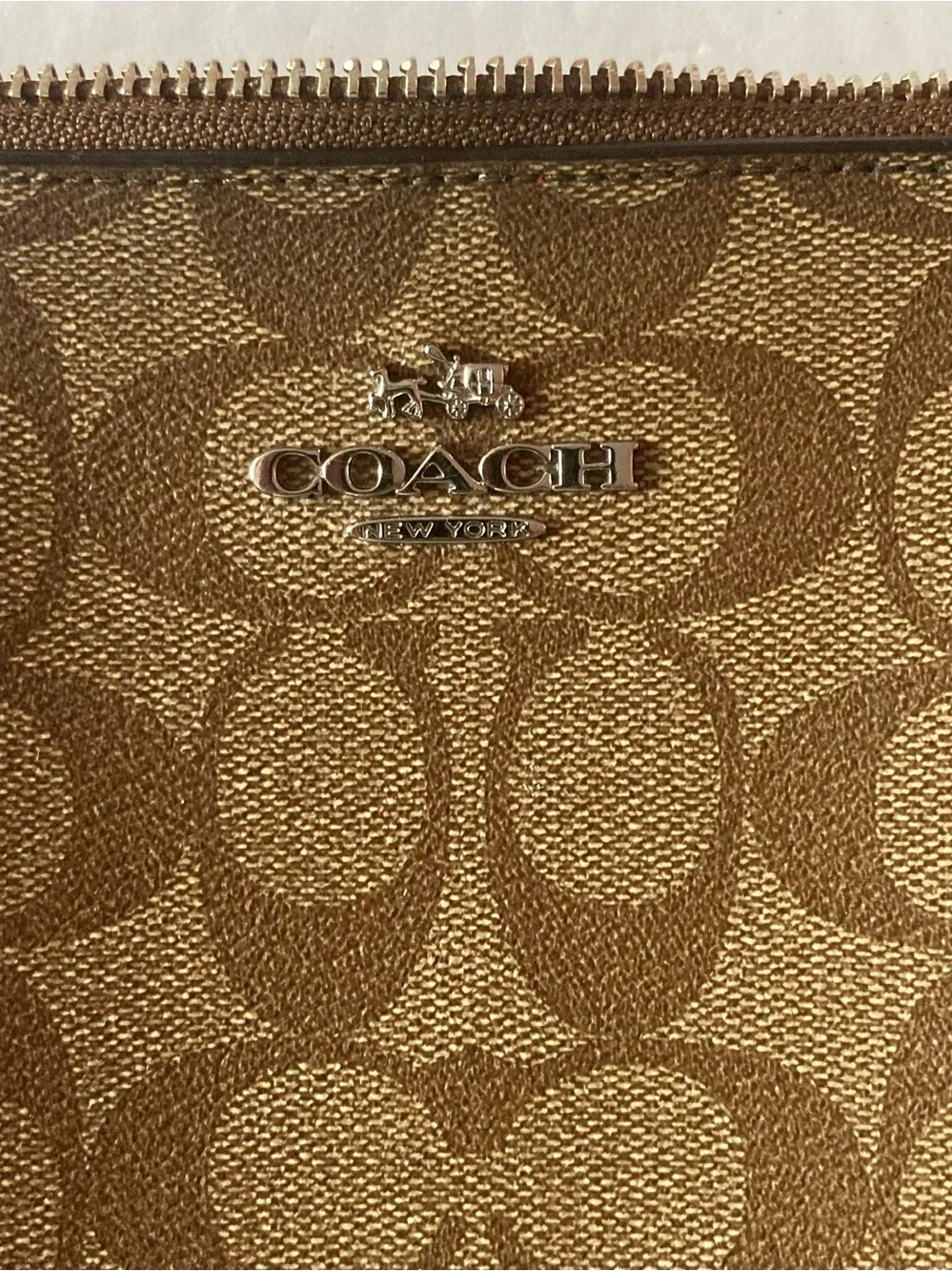 Coach Signature Khaki/Brown Crossbody with orange Trim.Coated Canvas like NEW